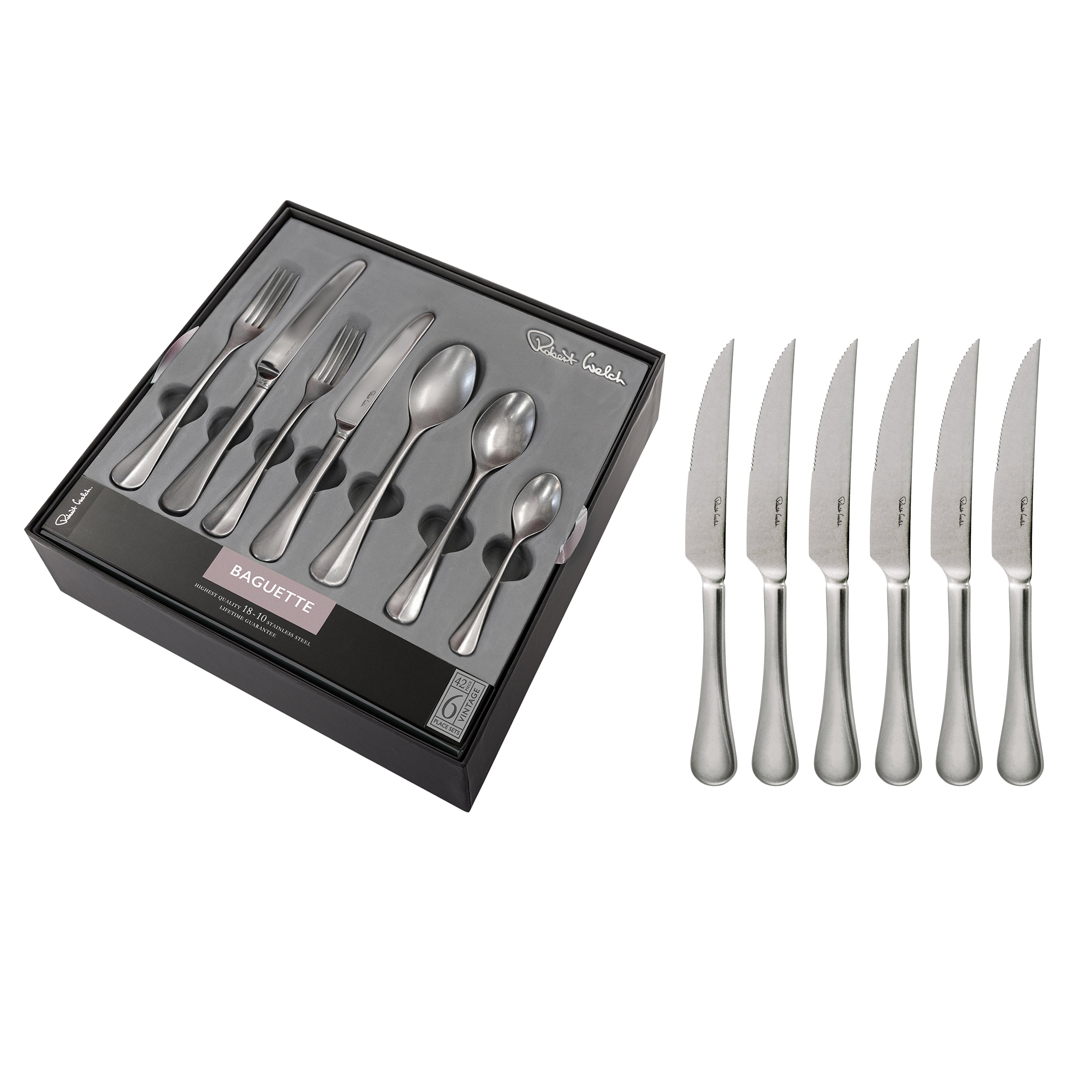 Baguette Vintage Cutlery Set, 48 Piece for 6 People - 6 Free Steak Knives