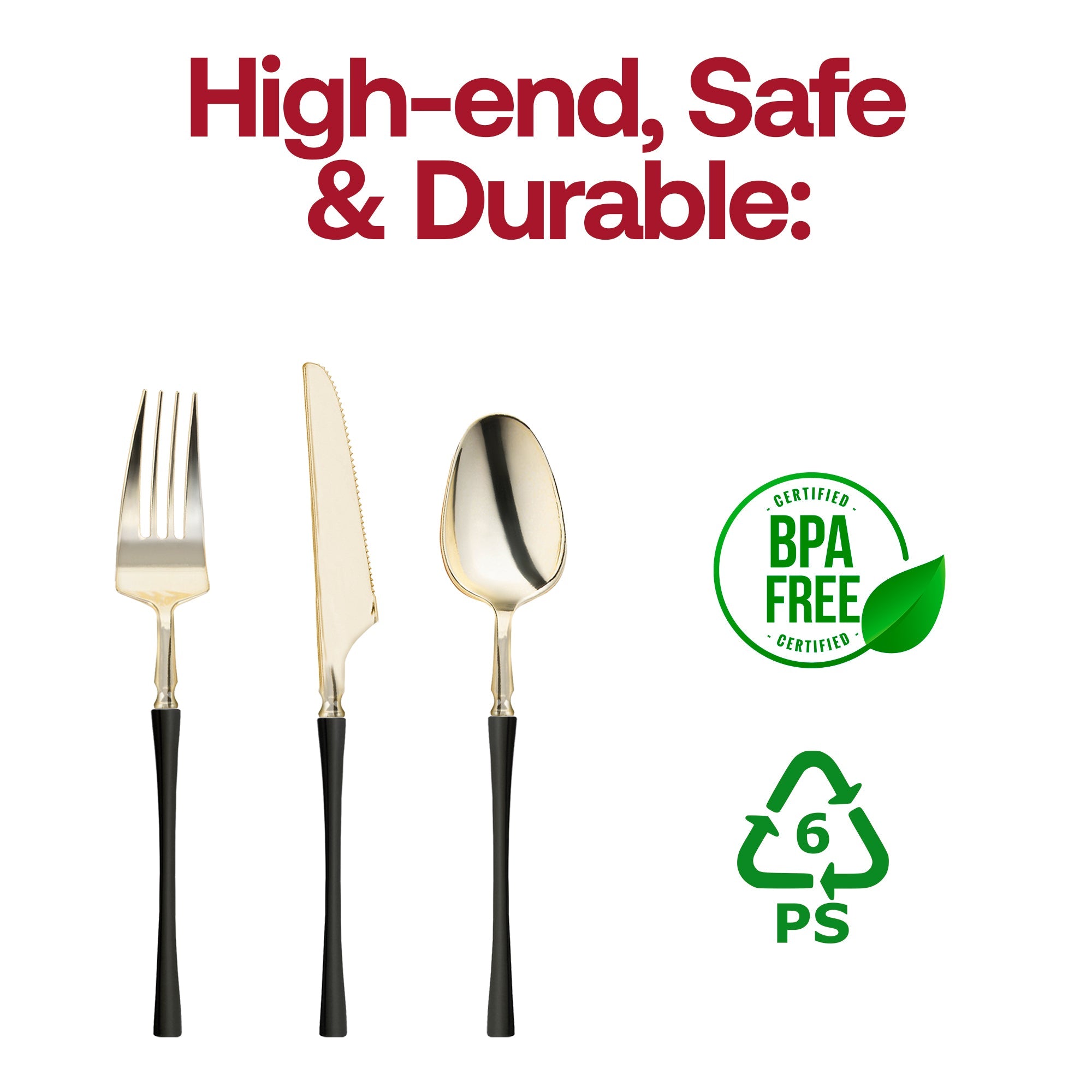 Gold with Black Handle Moderno Disposable Plastic Cutlery Set - 20 Spoons, 20 Forks and 20 Knives