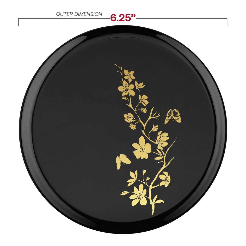 Black with Gold Floral Round Plastic Pastry Plates (6.25")