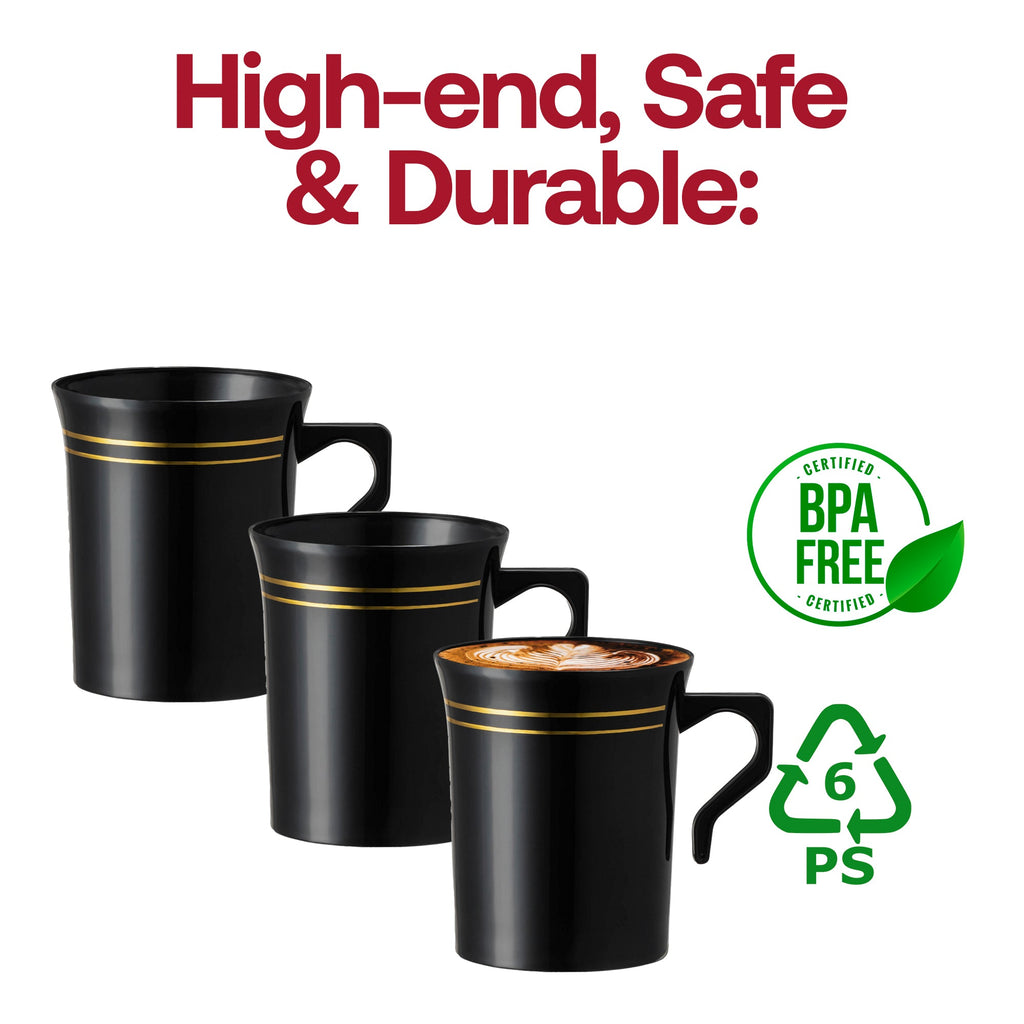 Black with Gold Edge Rim Round Plastic Coffee Mugs (8 oz. )