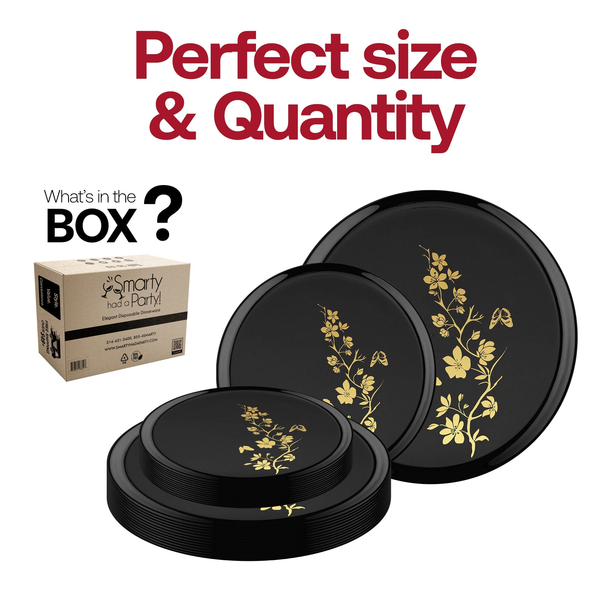 Black with Gold Floral Plastic Dinnerware Value Set