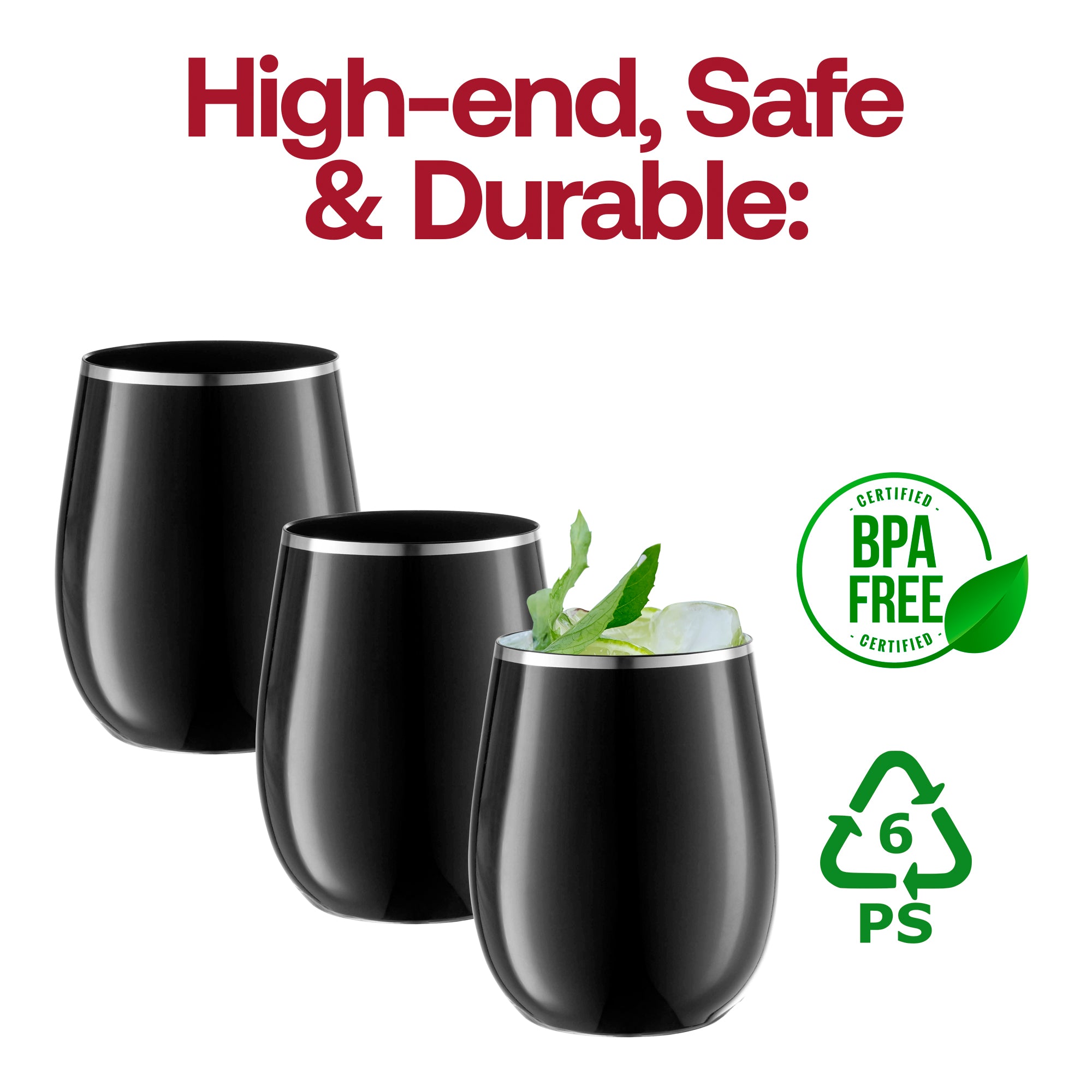 Black with Silver Elegant Stemless Plastic Wine Glasses (12 oz. )