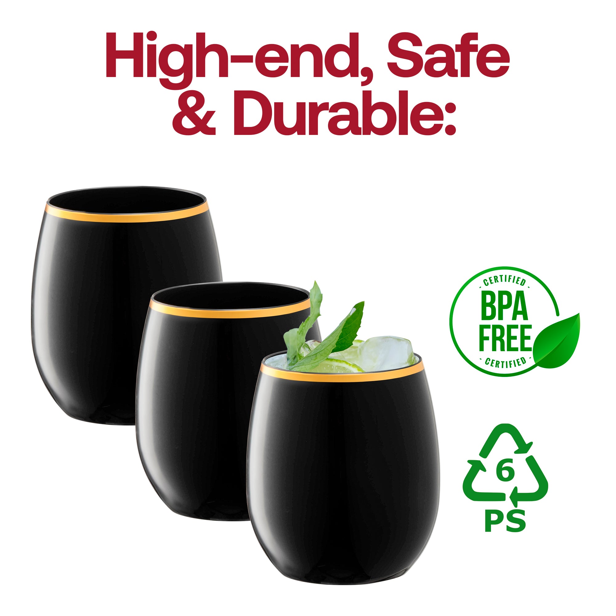 Black with Gold Elegant Stemless Plastic Wine Glasses (12 oz. )