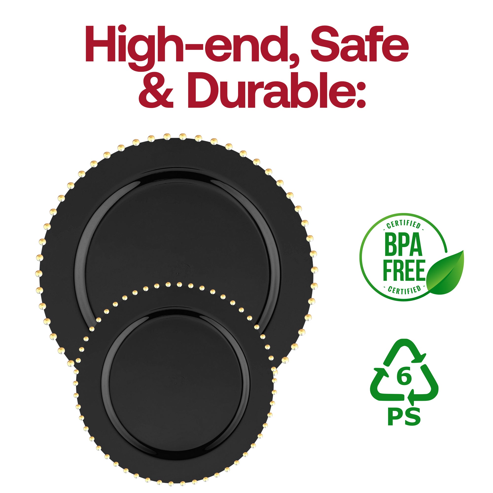 Black with Gold Pearl String Round Disposable Plastic Dinner Plates (10”)