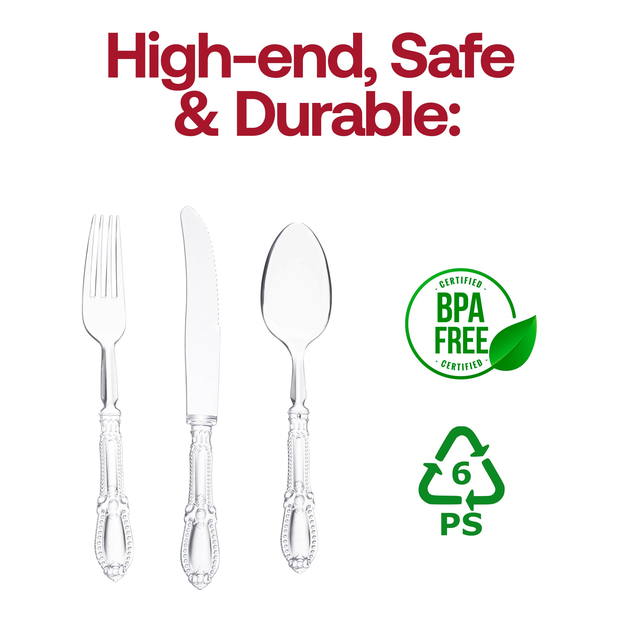 Clear Baroque Disposable Plastic Cutlery Set - 20 Spoons, 20 Forks and 20 Knives