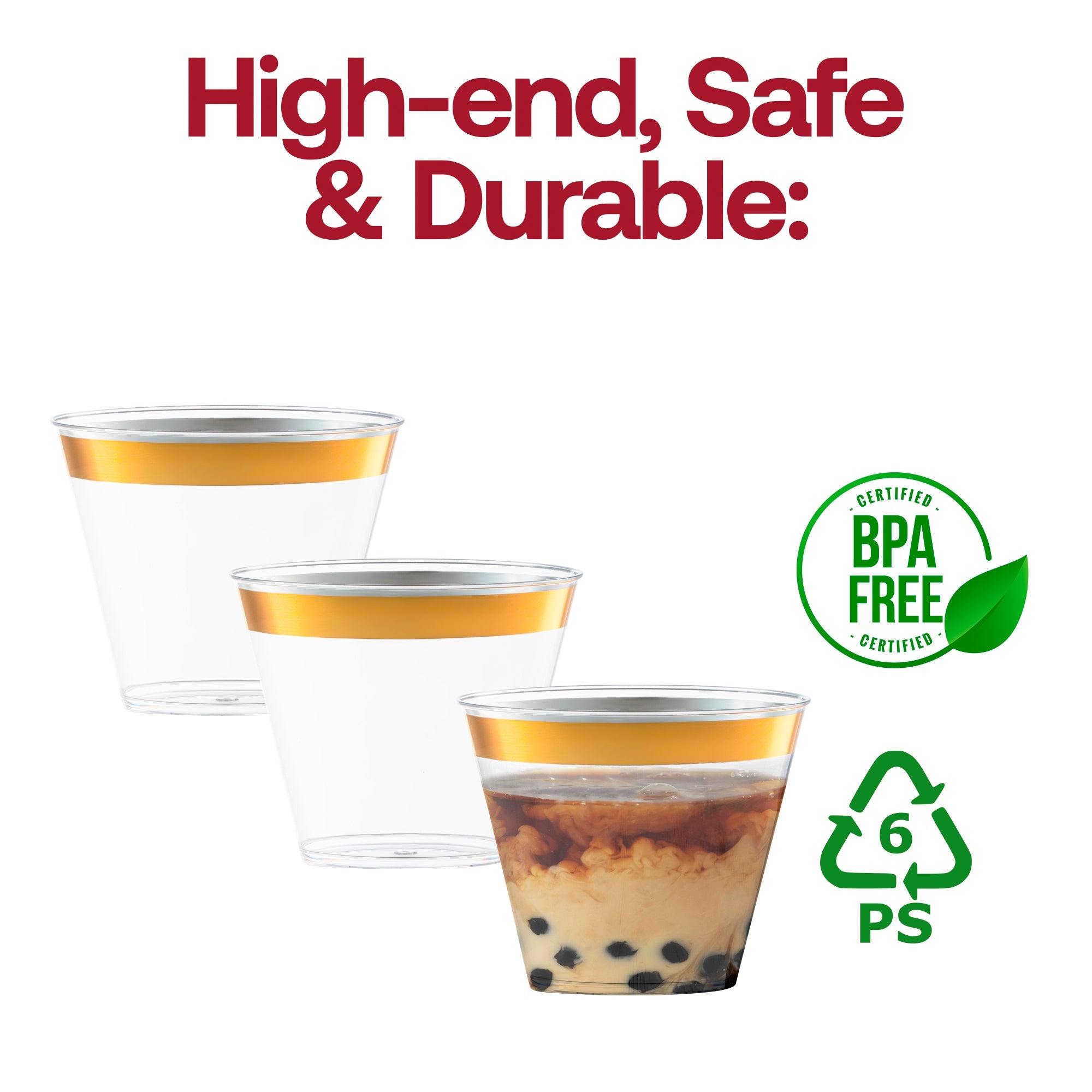 Clear with Metallic Gold Rim Round Disposable Plastic Cups (9 oz. )