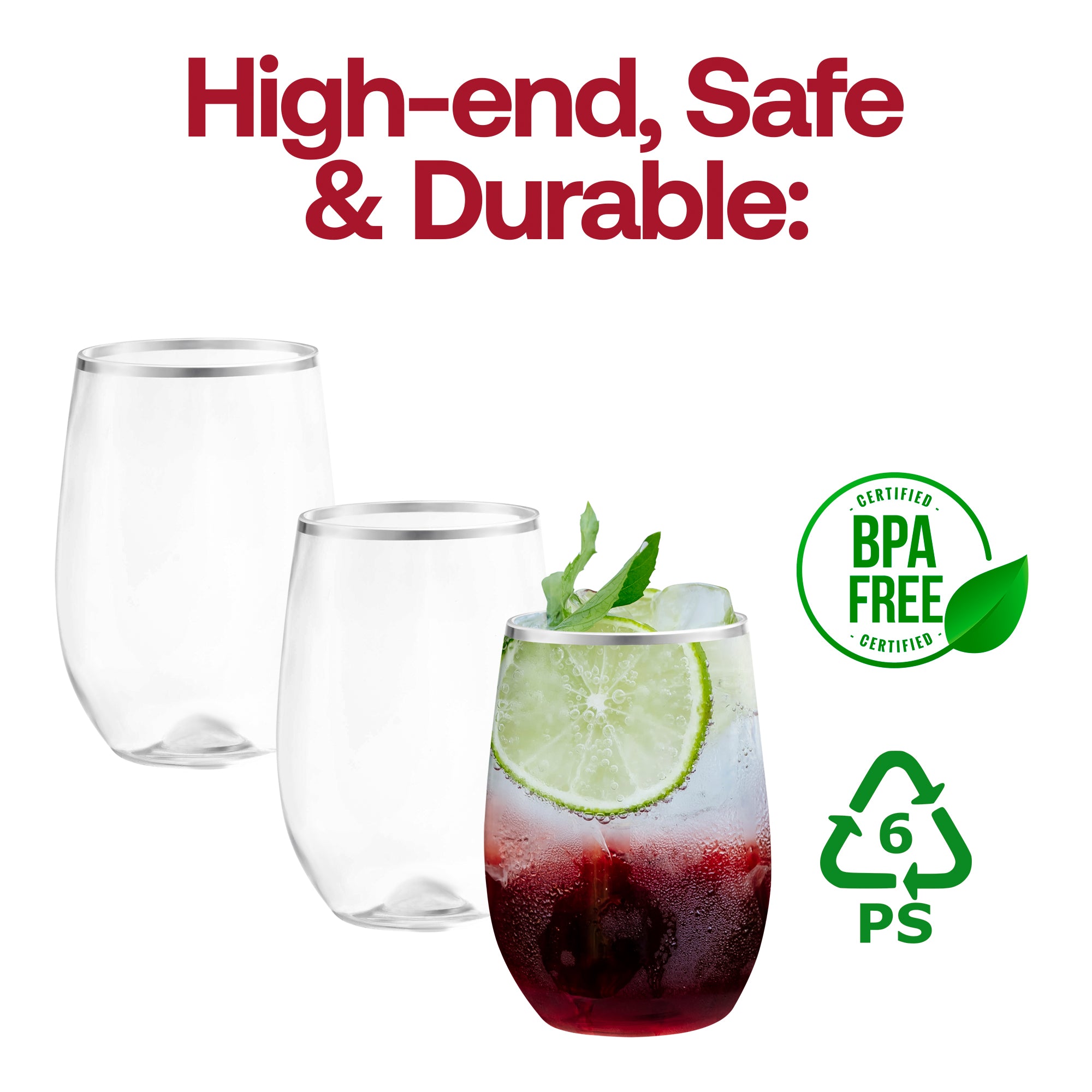 Clear with Silver Elegant Stemless Plastic Wine Glasses (12 oz. )