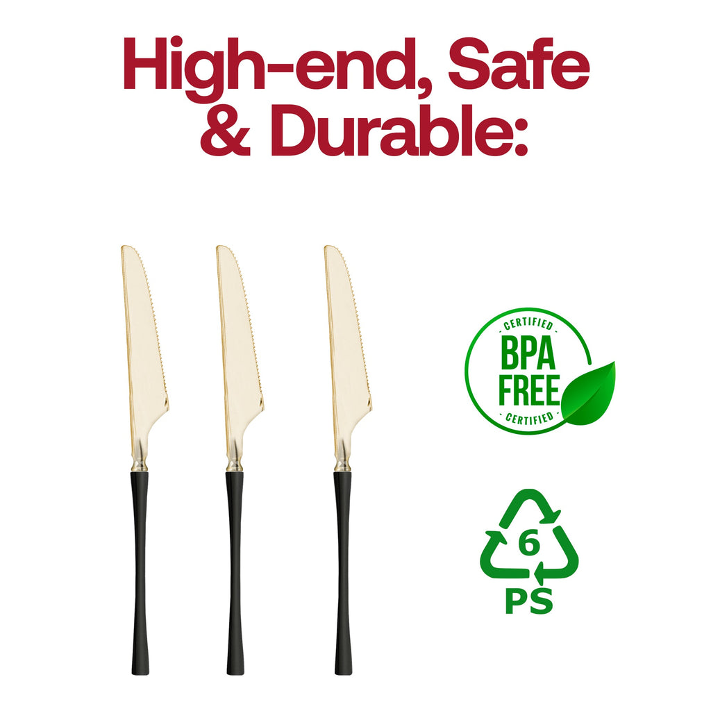 Gold with Black Handle Moderno Disposable Plastic Dinner Knives