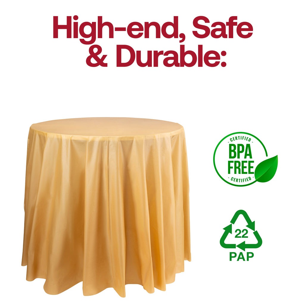 Gold Round Disposable Plastic Tablecloths (84")