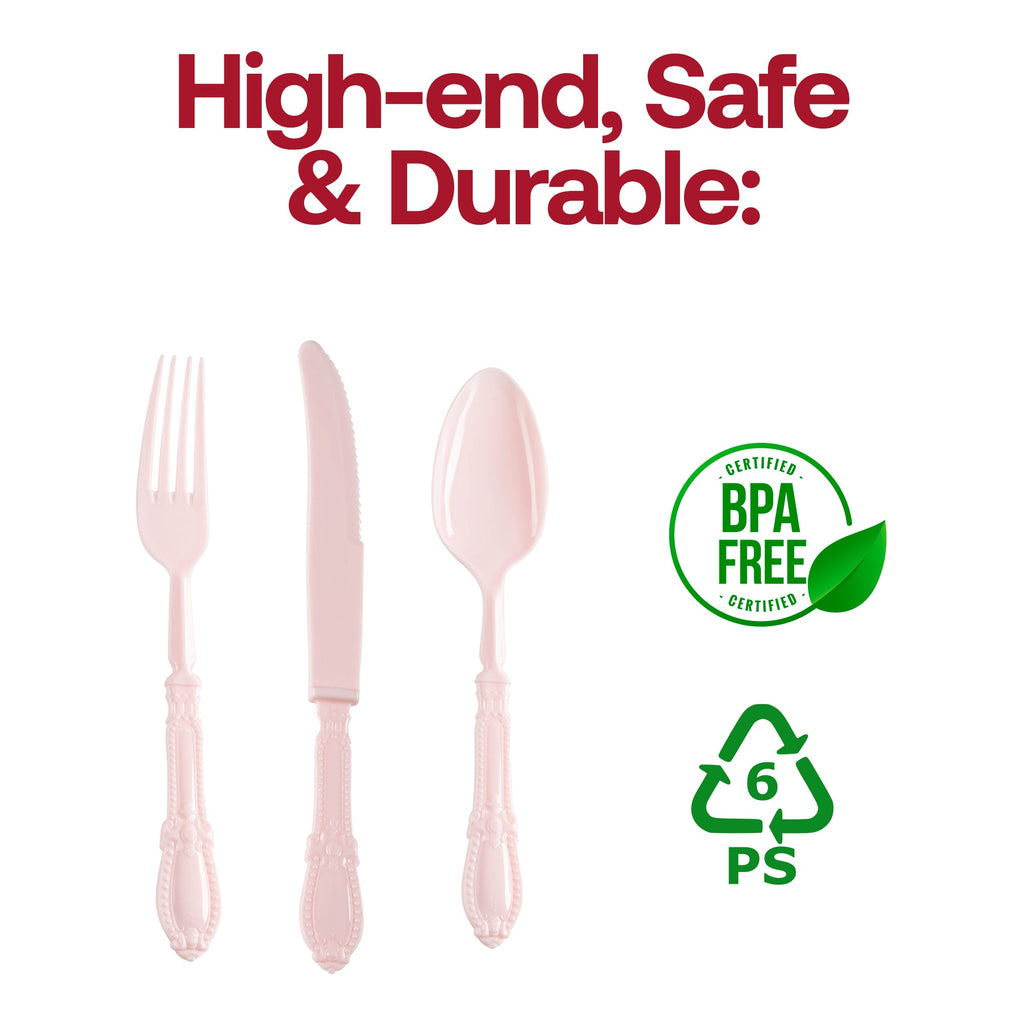 Pink Baroque Disposable Plastic Cutlery Set - 20 Spoons, 20 Forks and 20 Knives