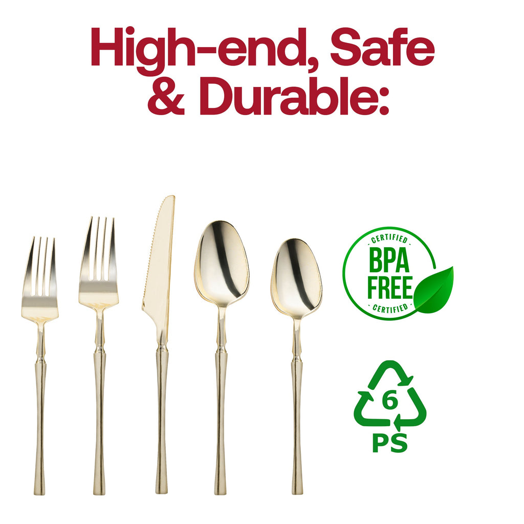 Shiny Gold Moderno Disposable Plastic Cutlery Set - 20 Spoons, 20 Forks, 20 Knives, 20 Dessert Spoons, and 20 Dessert Forks