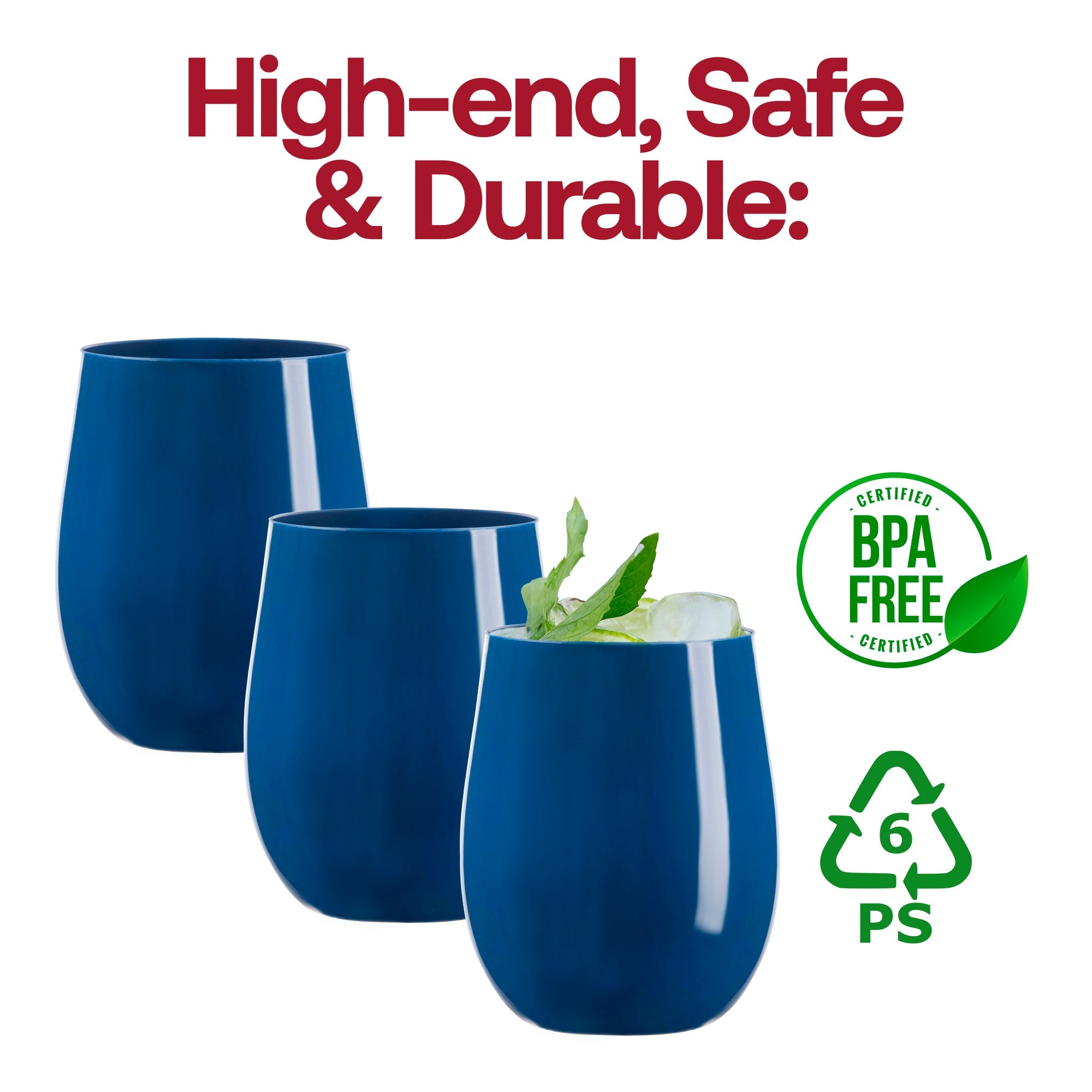 Solid Navy Elegant Stemless Plastic Wine Glasses (12 oz. )