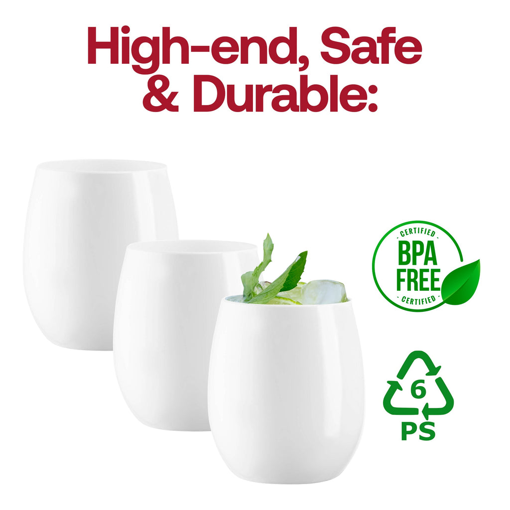 Solid White Elegant Stemless Plastic Wine Glasses (12 oz. )