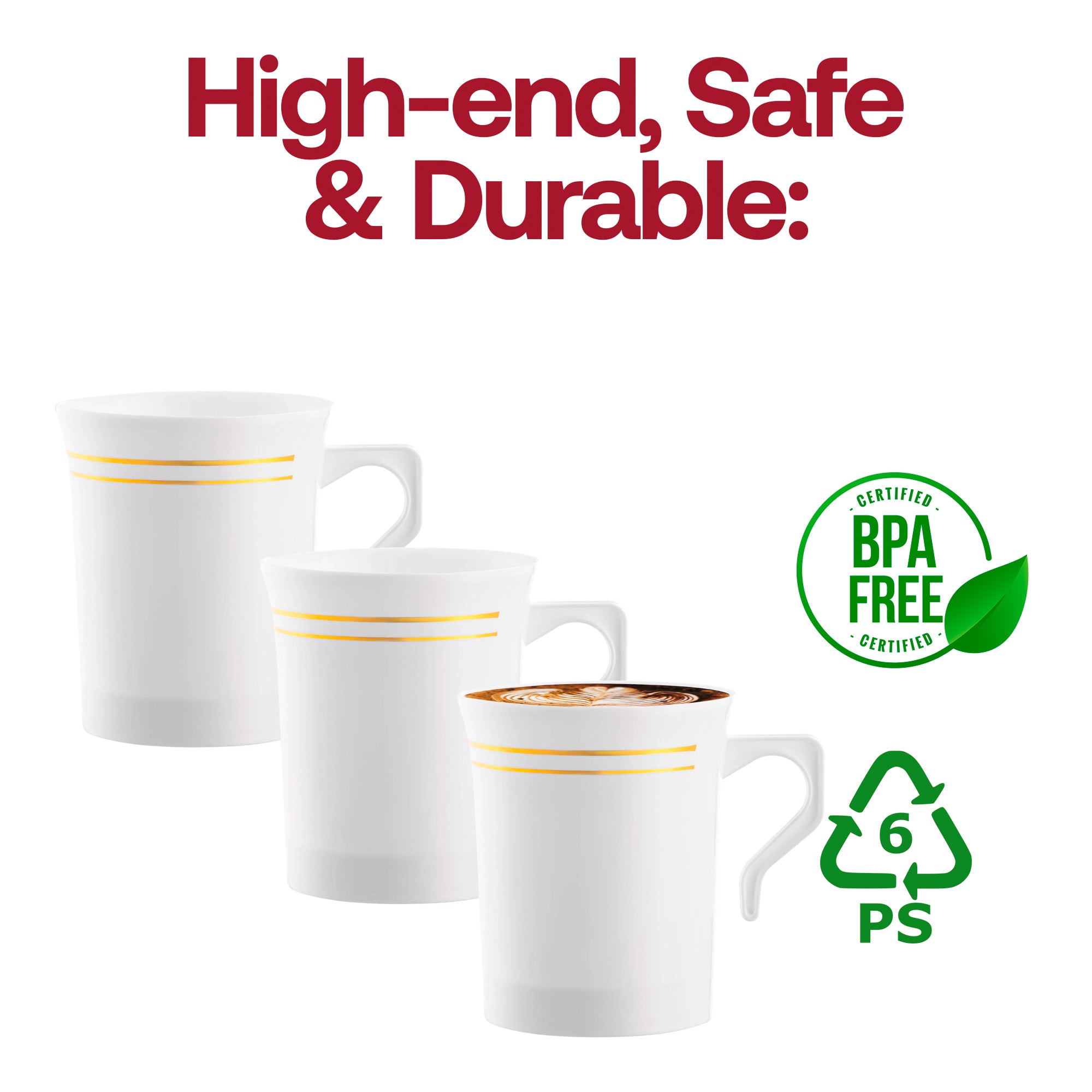 White with Gold Edge Rim Round Plastic Coffee Mugs (8 oz. )