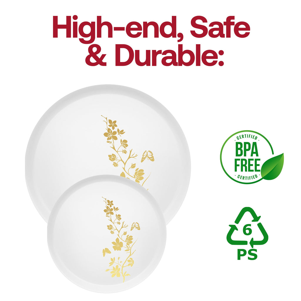 White with Gold Floral Plastic Dinnerware Value Set