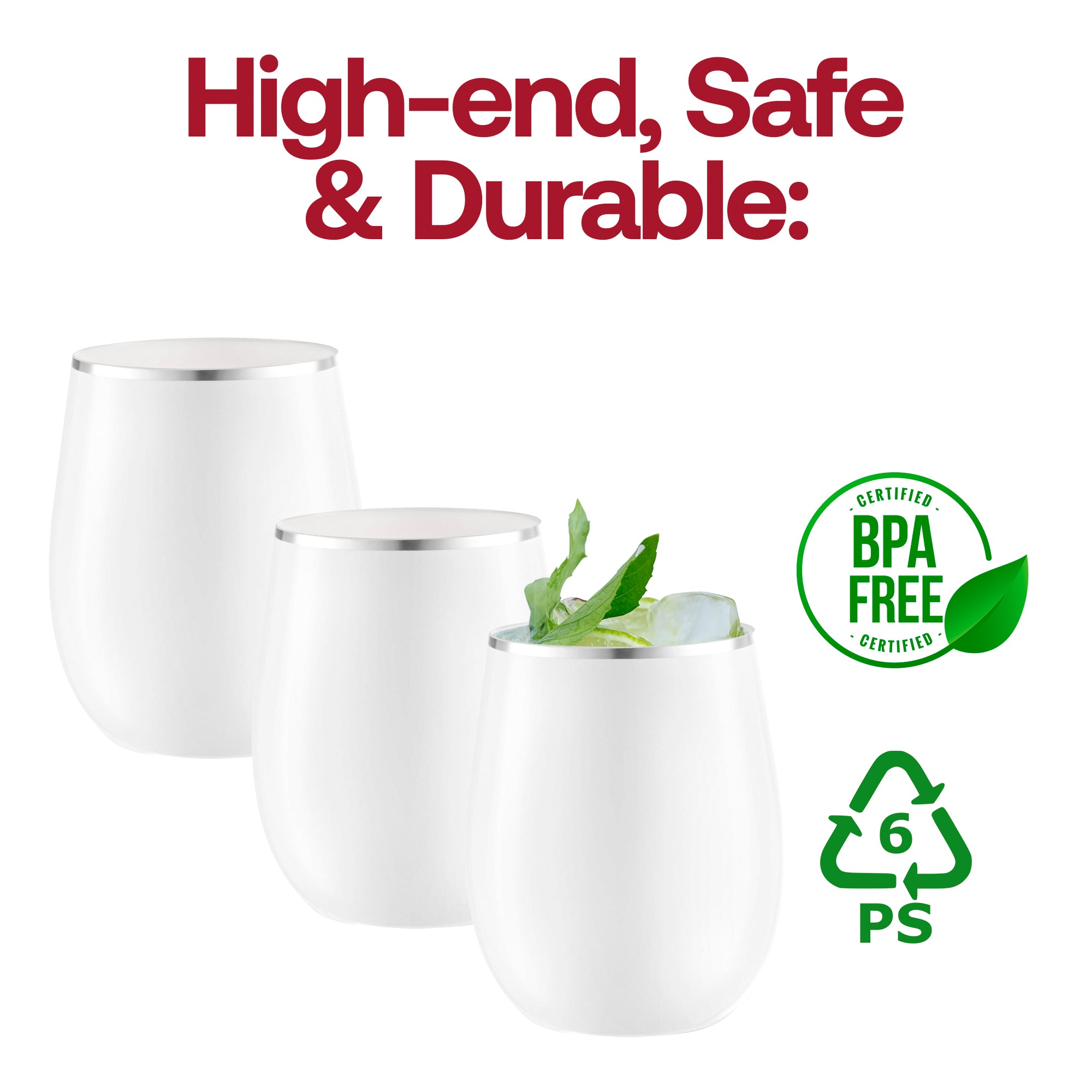 White with Silver Elegant Stemless Plastic Wine Glasses (12 oz. )