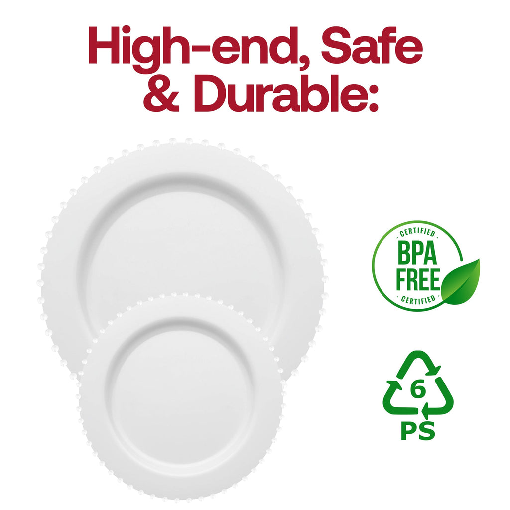 White Pearl String Round Disposable Plastic Dinner Plates (10”)