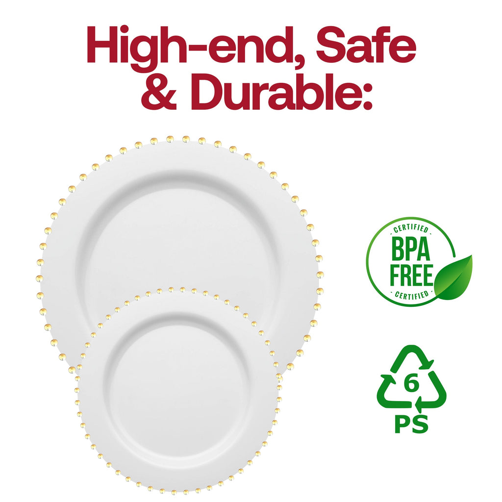 White with Gold Pearl String Round Disposable Plastic Dinner Plates (10”)