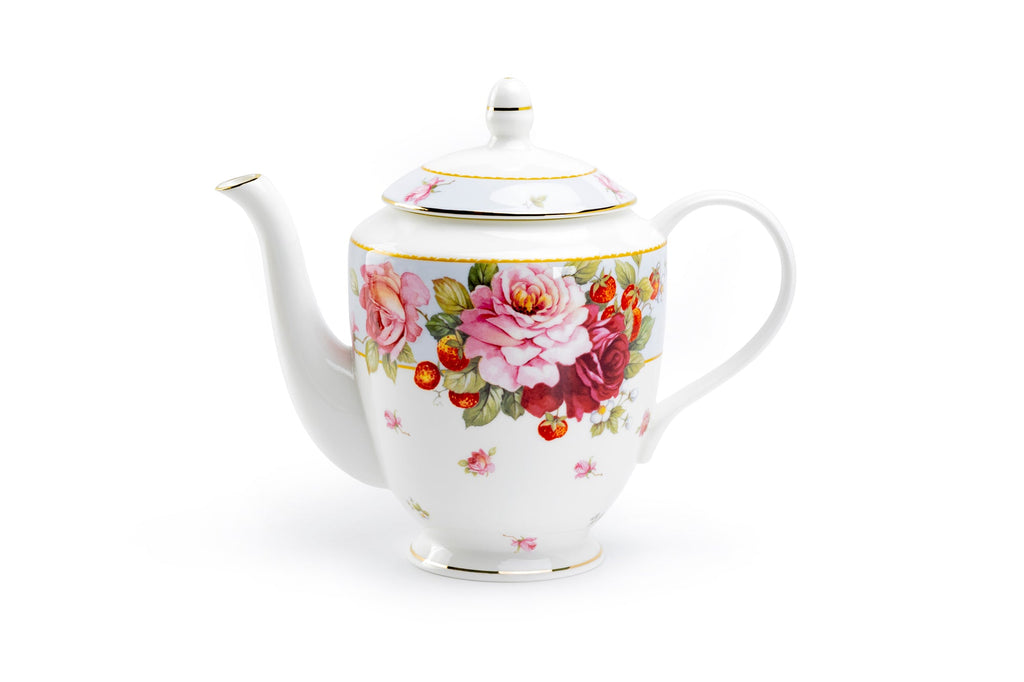 Peony and Strawberry Blue Bone China Teapot
