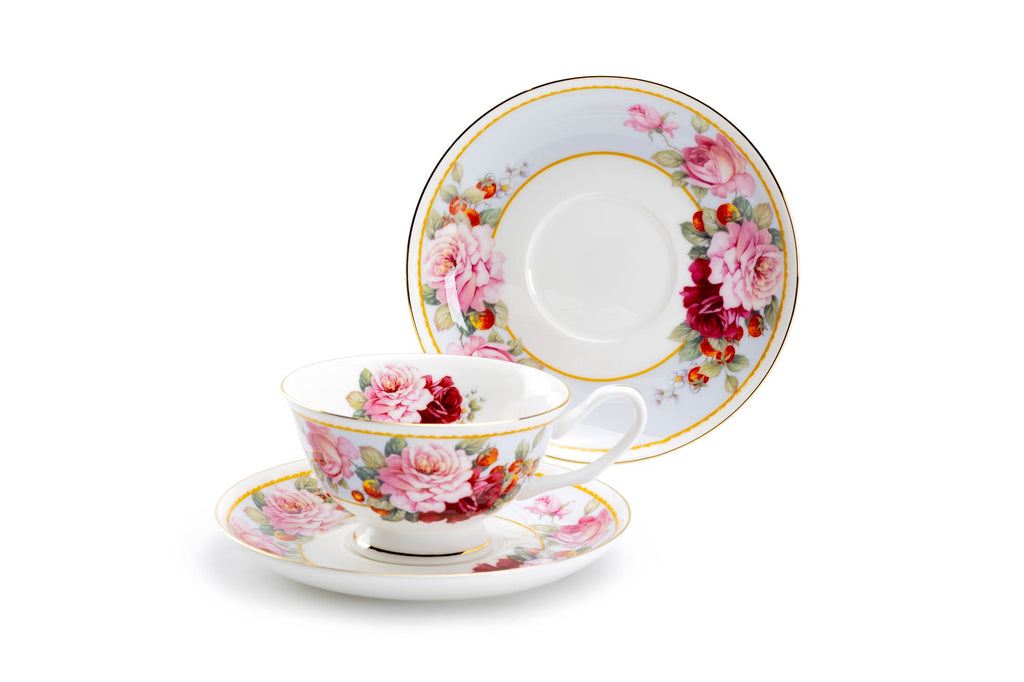 Peony and Strawberry Blue Bone China Tea Cup and Saucer