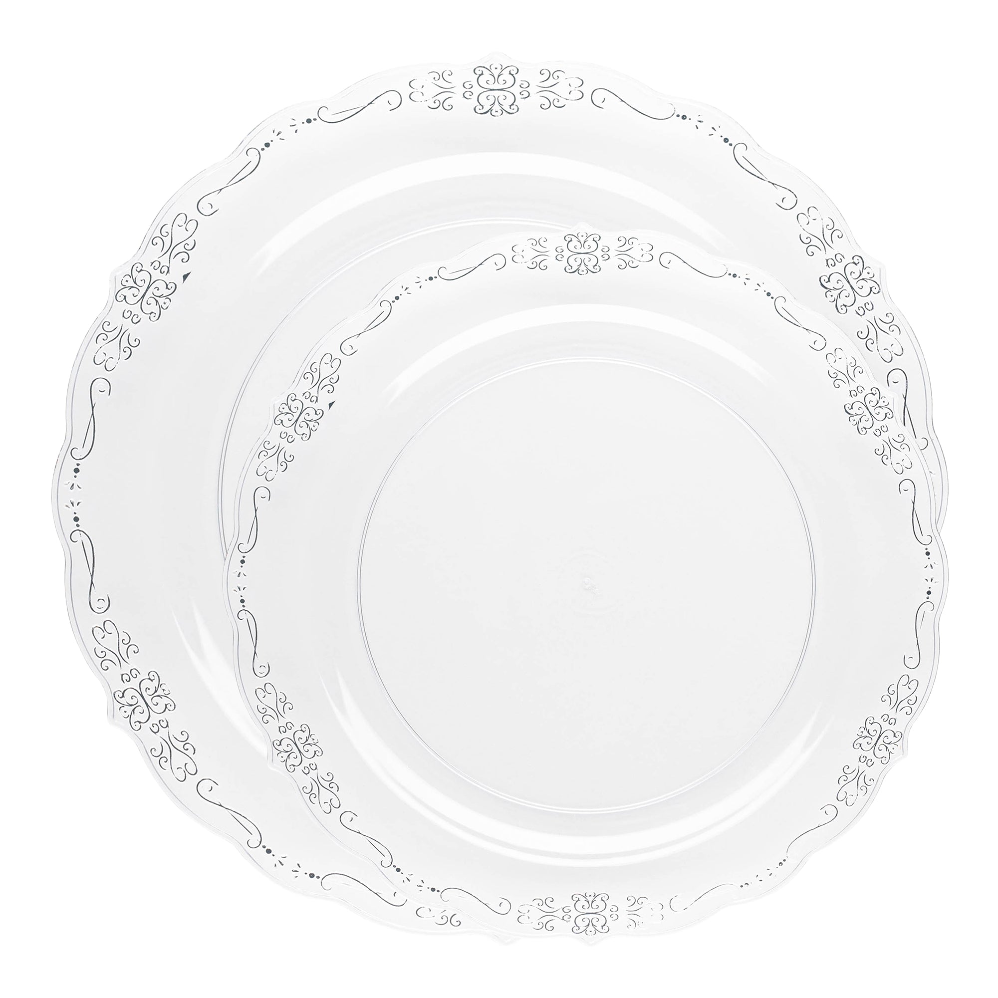 Clear with Silver Vintage Rim Round Disposable Plastic Dinnerware Value Set