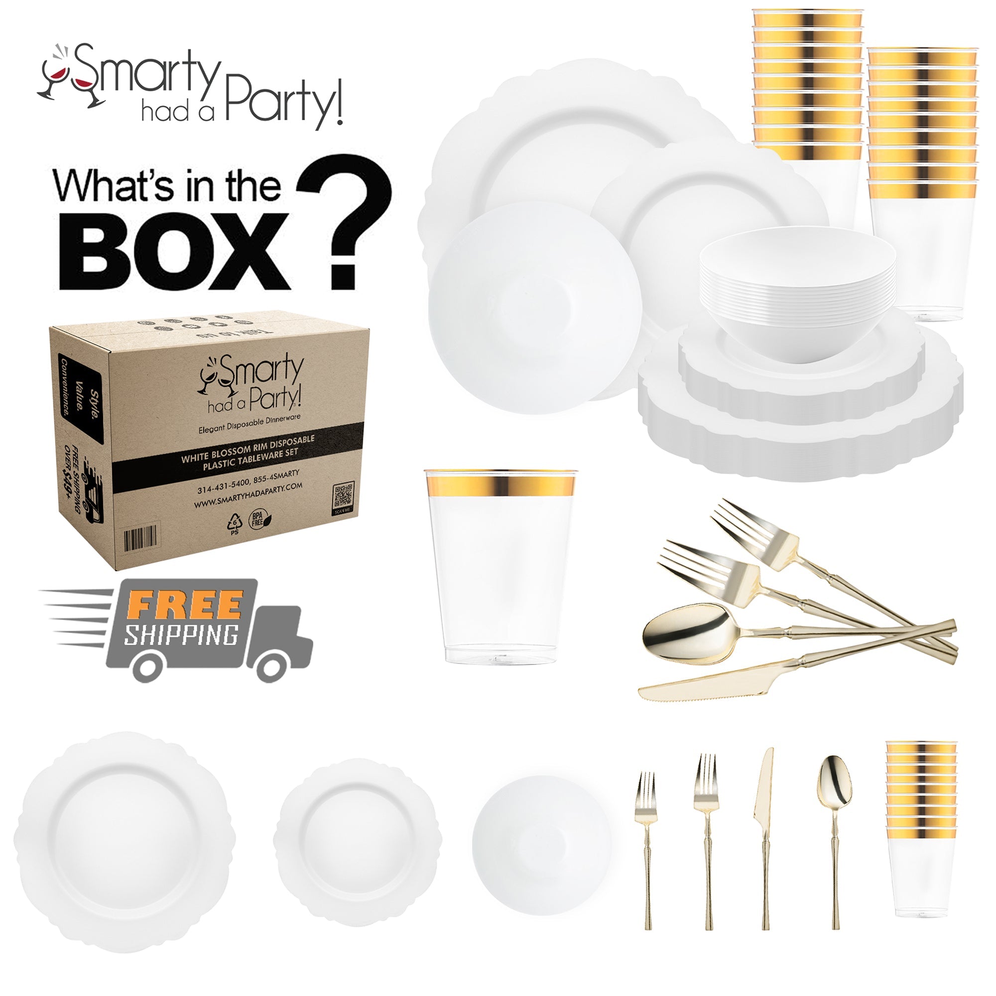 White Blossom Rim Disposable Plastic Tableware Set