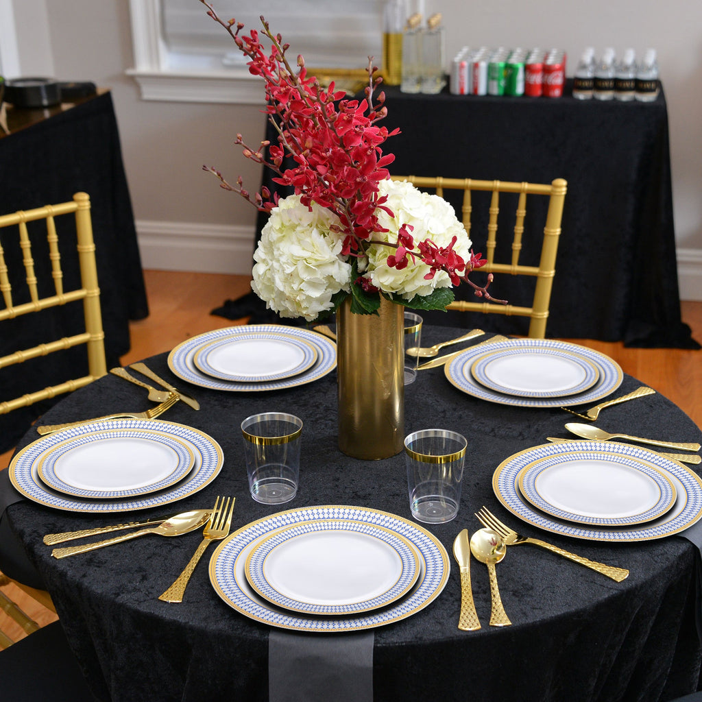 White with Blue and Gold Chord Rim Plastic Dinner Plates (10.25")