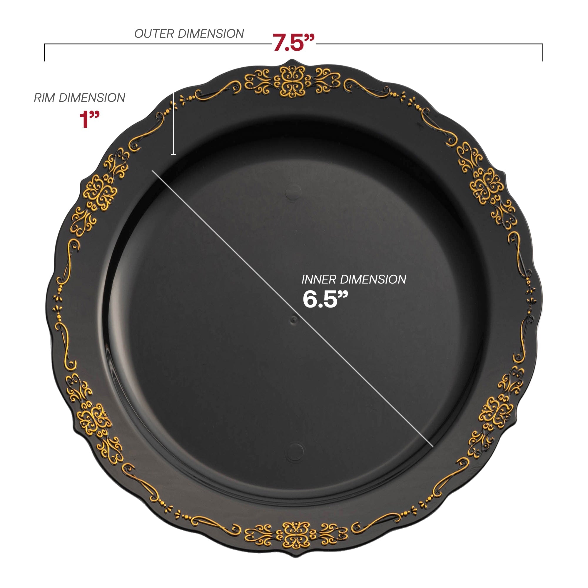 Black with Gold Vintage Rim Round Disposable Plastic Appetizer/Salad Plates (7.5")