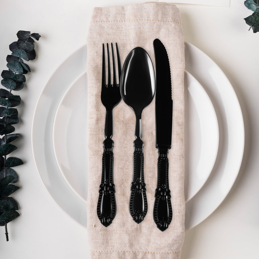Black Baroque Disposable Plastic Cutlery Set - 20 Spoons, 20 Forks and 20 Knives