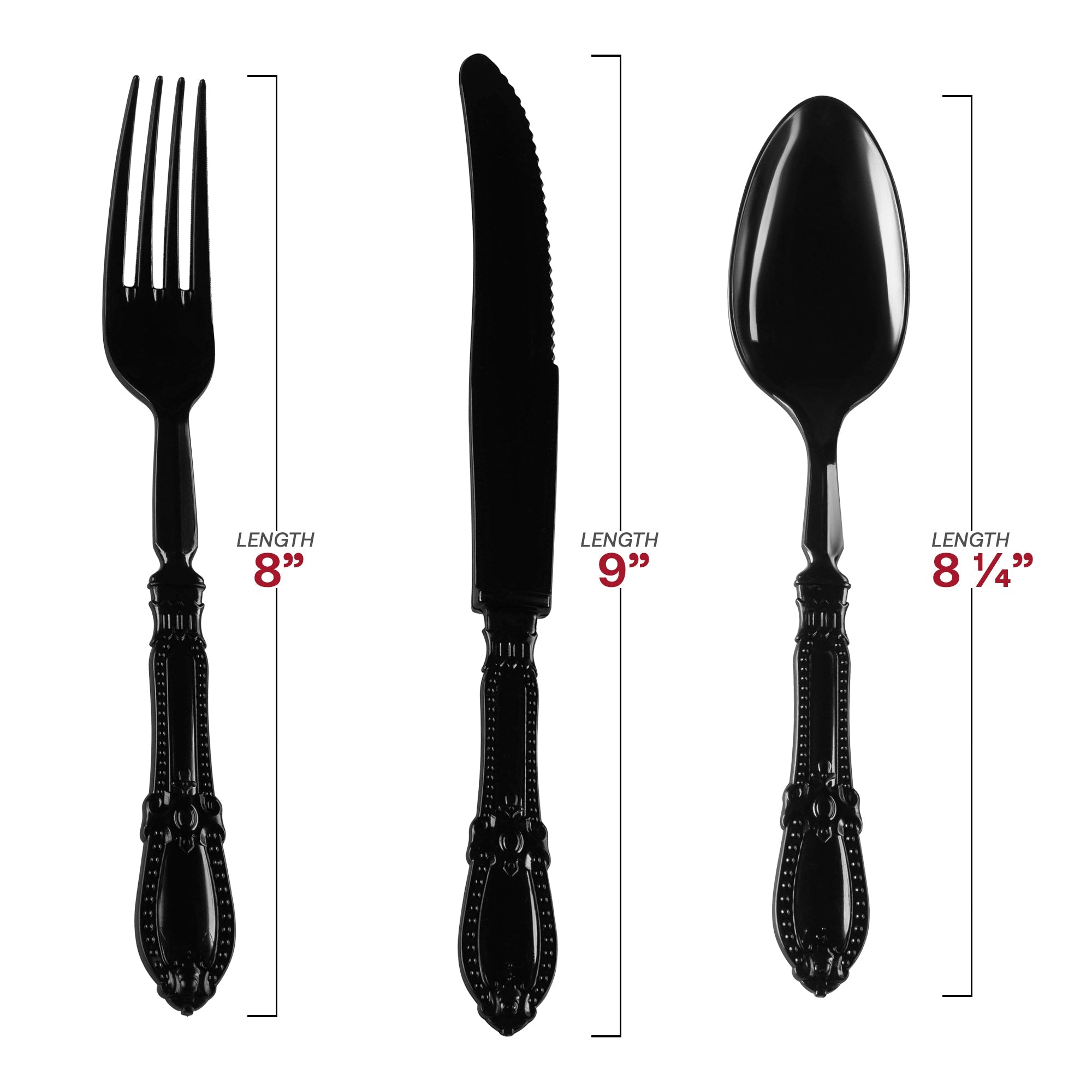 Black Baroque Disposable Plastic Cutlery Set - 20 Spoons, 20 Forks and 20 Knives