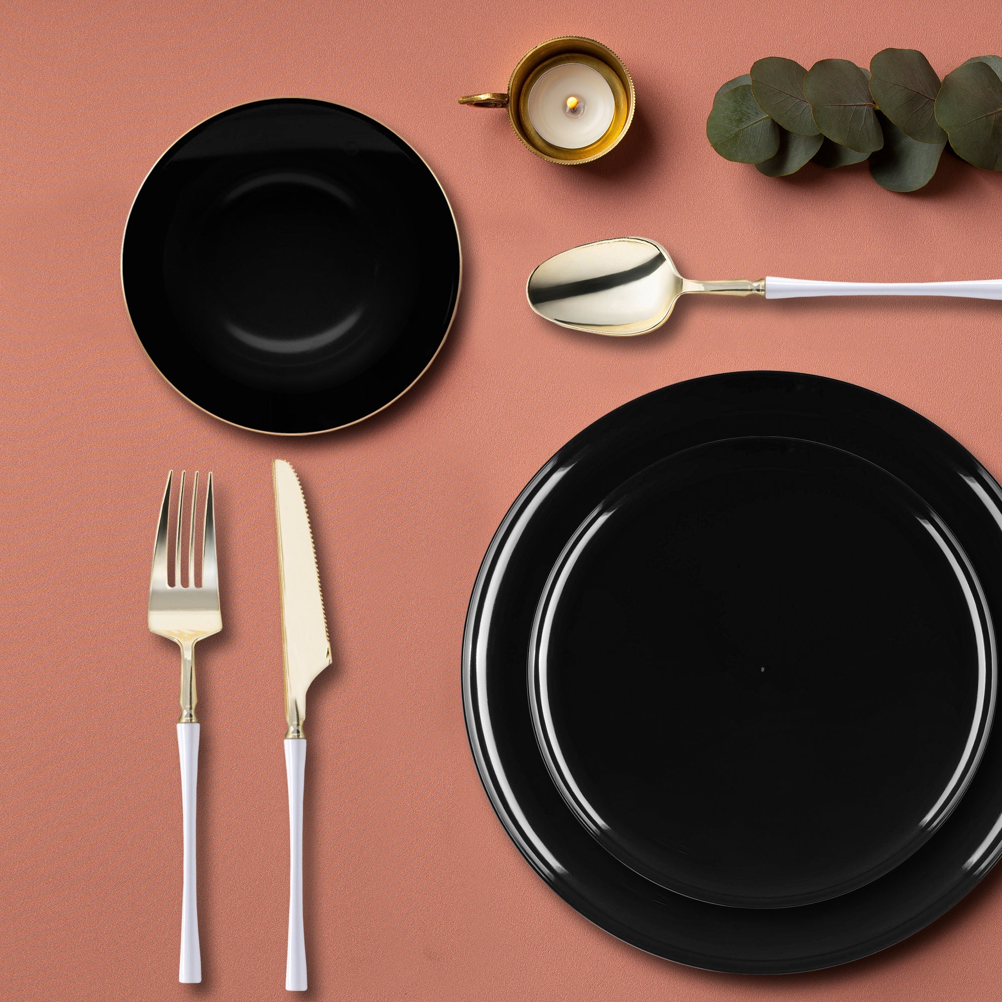 Black Flat Round Disposable Plastic Tableware Set