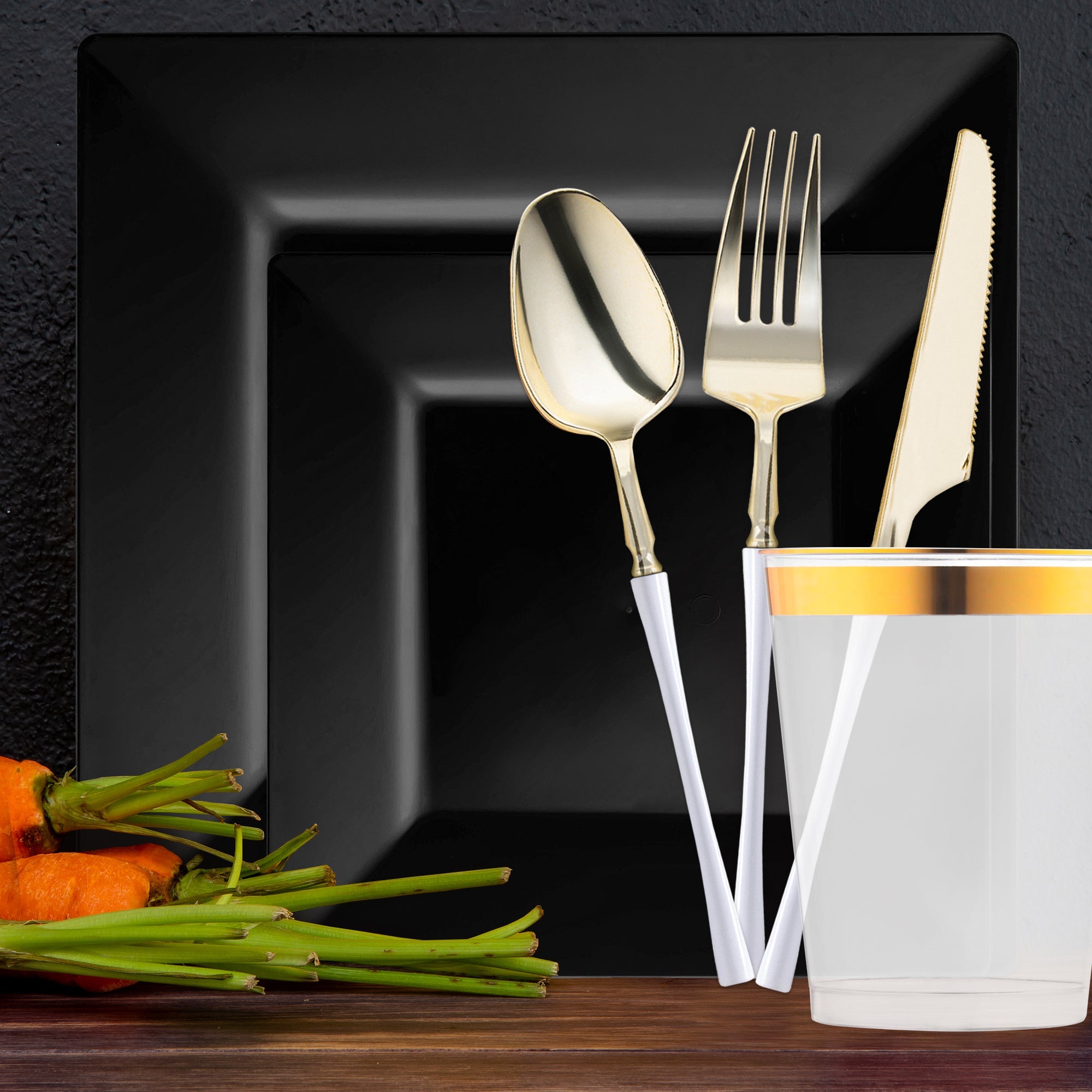 Black Square Disposable Plastic Tableware Set