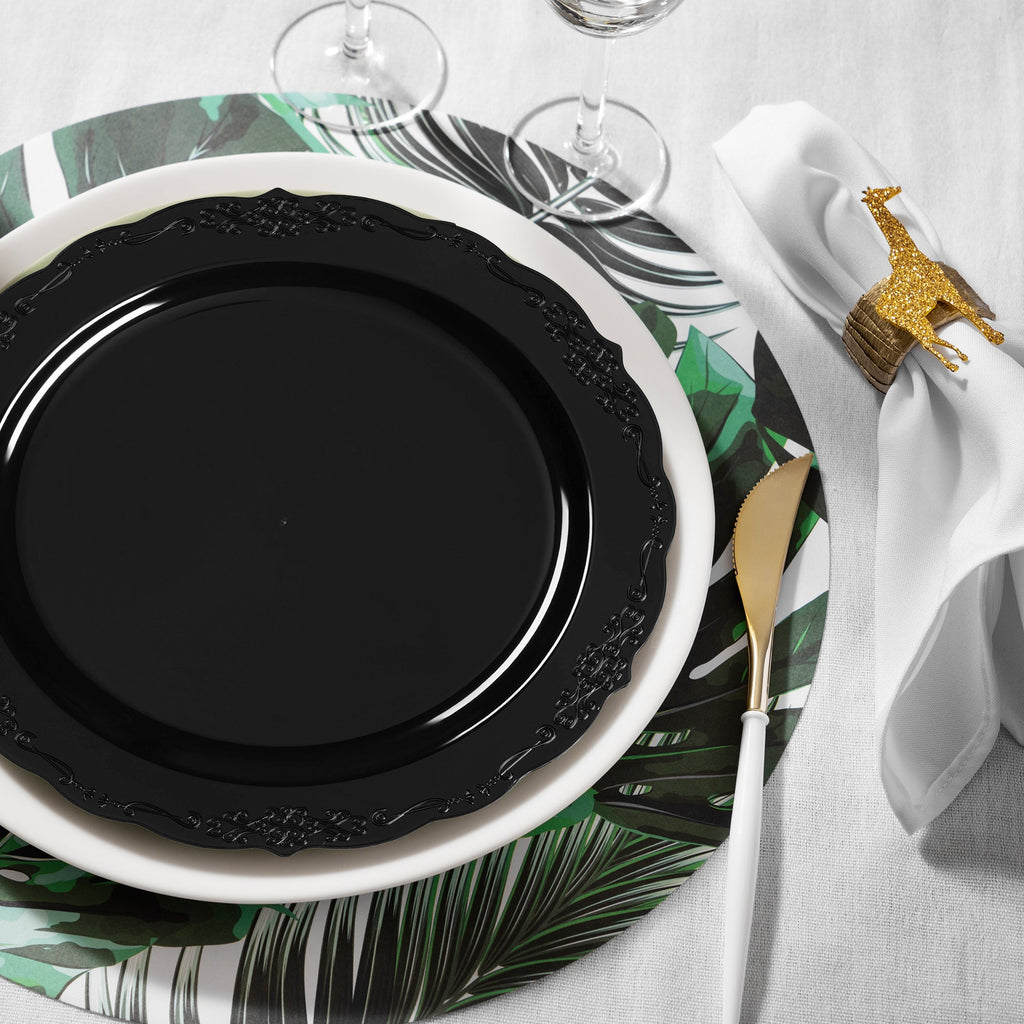 Black Vintage Rim Round Disposable Plastic Appetizer/Salad Plates (7.5")