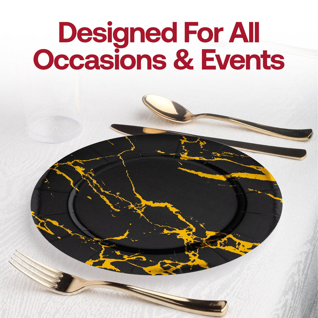 Black with Gold Marble Round Disposable Paper Charger Plates (13")