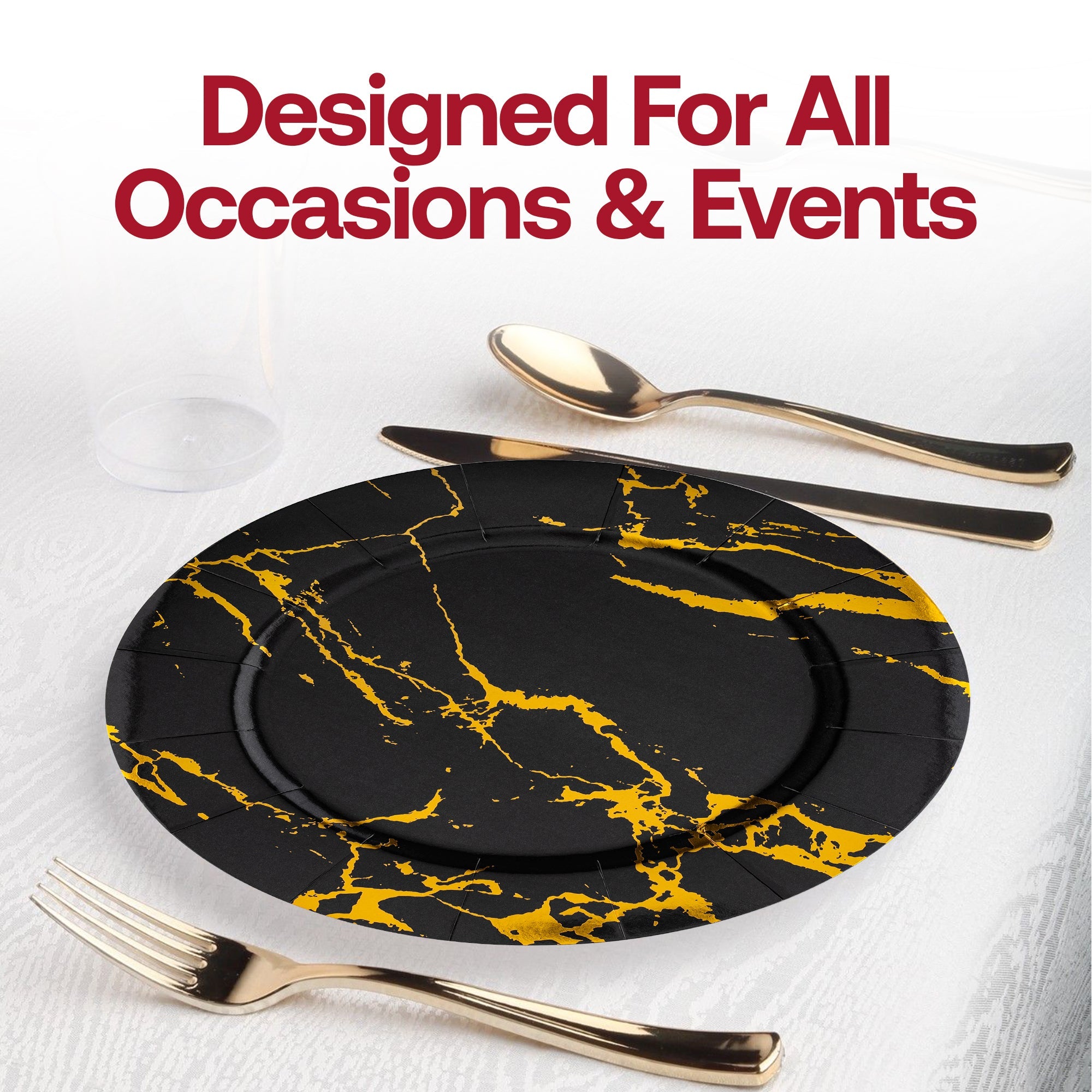 Black with Gold Marble Round Disposable Paper Charger Plates (13")