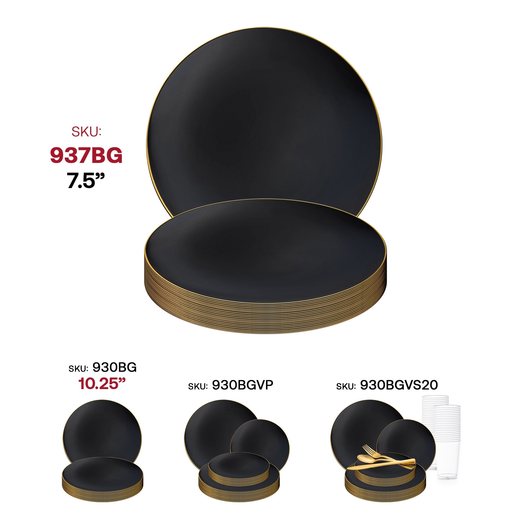 Black with Gold Rim Organic Round Disposable Plastic Appetizer/Salad Plates (7.5")