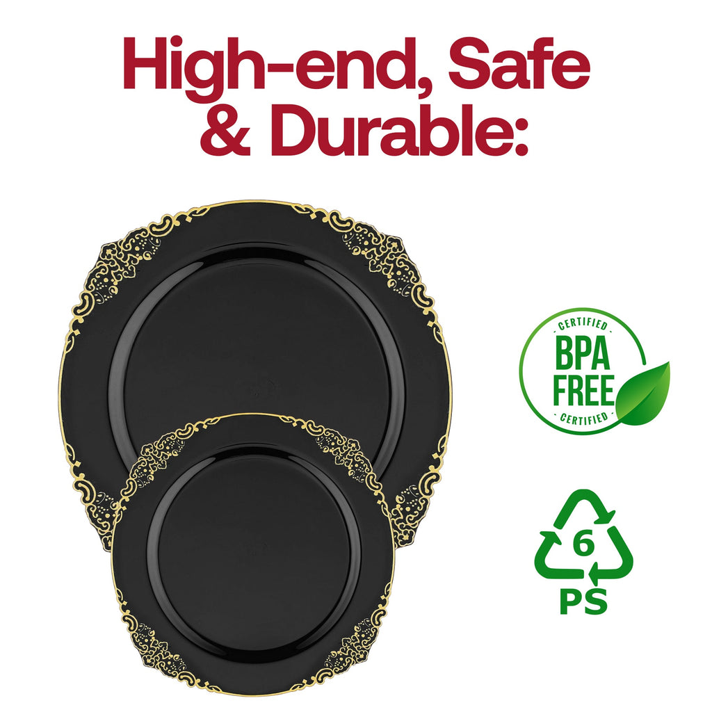Black with Gold Fancy Round Disposable Plastic Salad Plates (7.5”)