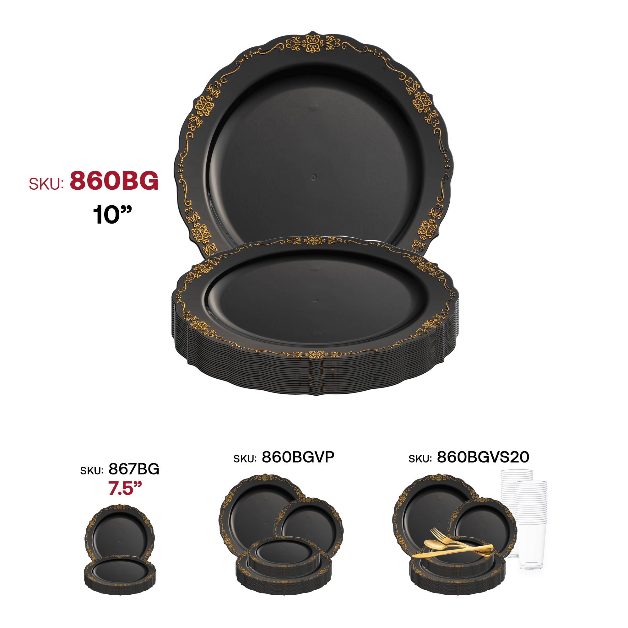 Black with Gold Vintage Rim Round Disposable Plastic Dinner Plates (10")
