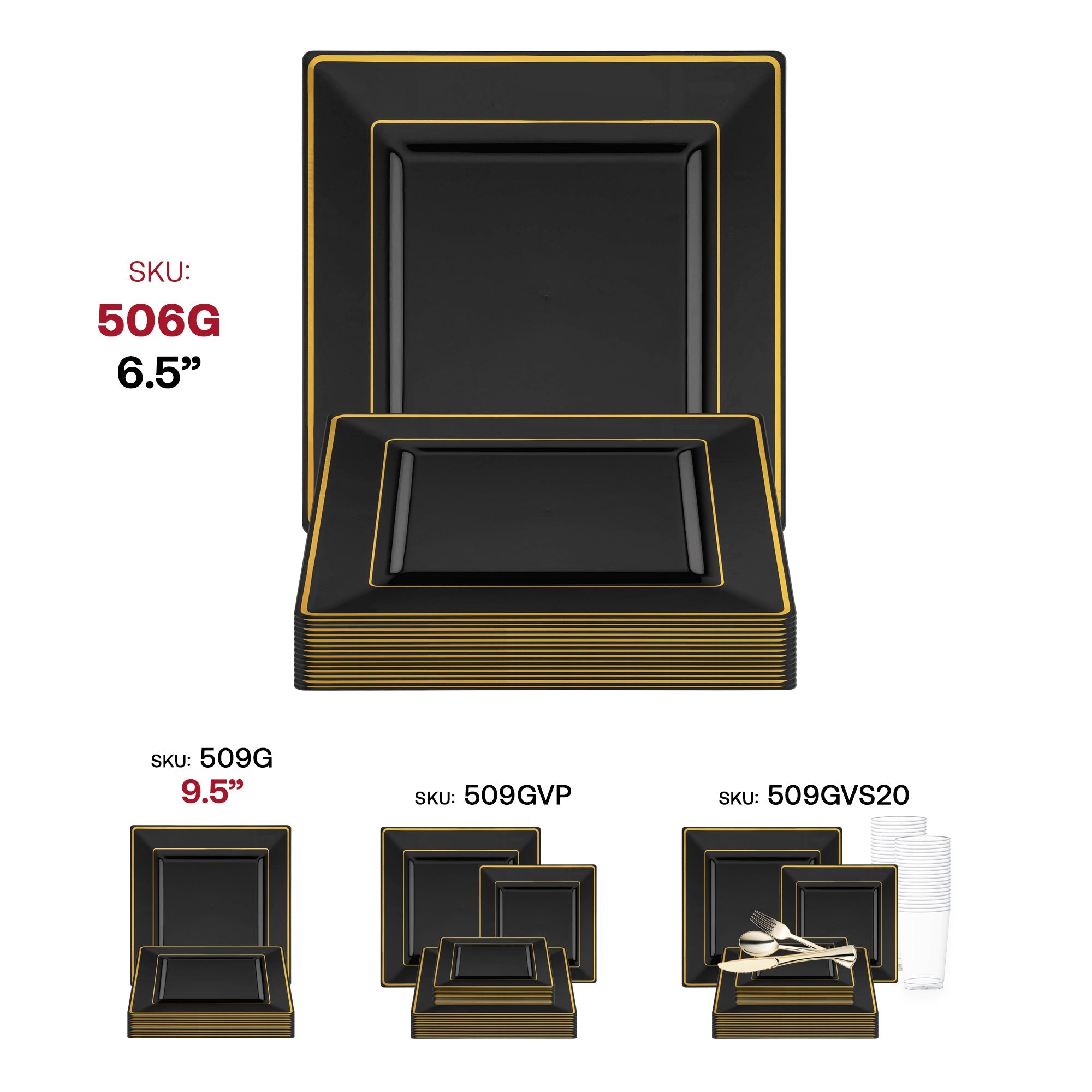 Black with Gold Square Edge Rim Plastic Appetizer/Salad Plates (6.5")