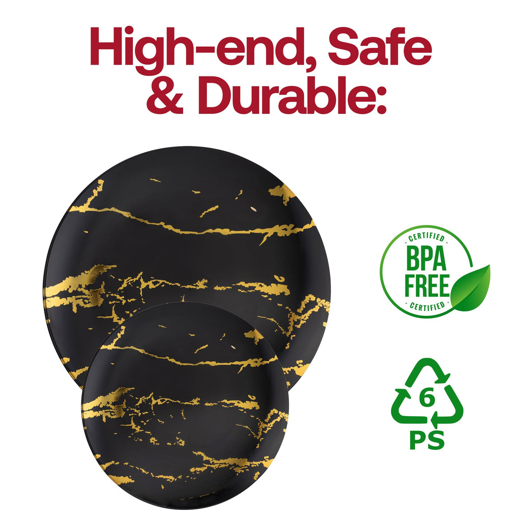 Black with Gold Marble Stroke Round Disposable Plastic Dinner Plates (10.25")