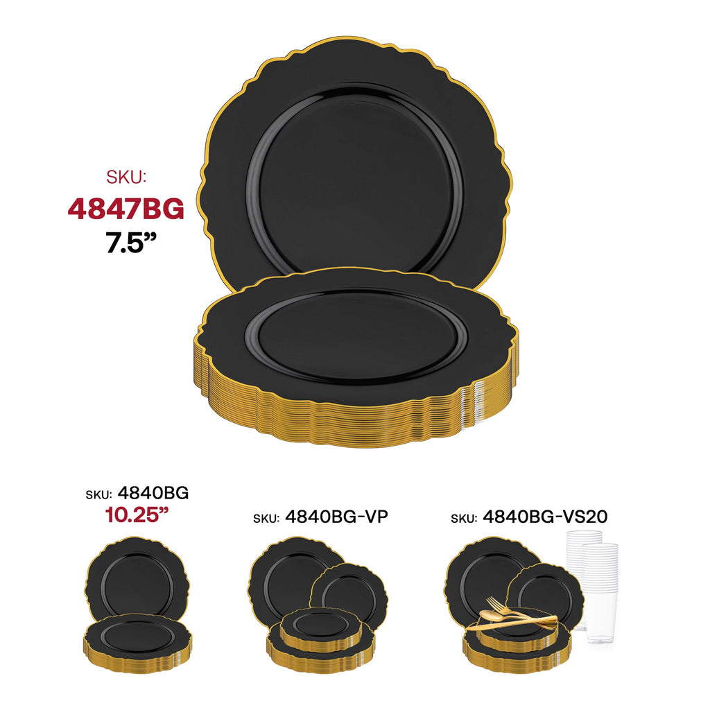 Black with Gold Rim Round Blossom Disposable Plastic Appetizer/Salad Plates (7.5")