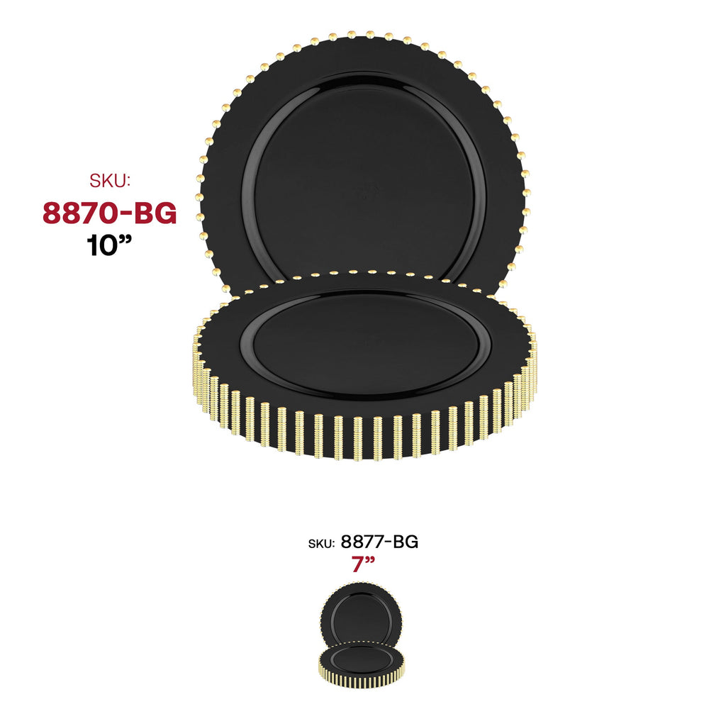 Black with Gold Pearl String Round Disposable Plastic Dinner Plates (10”)