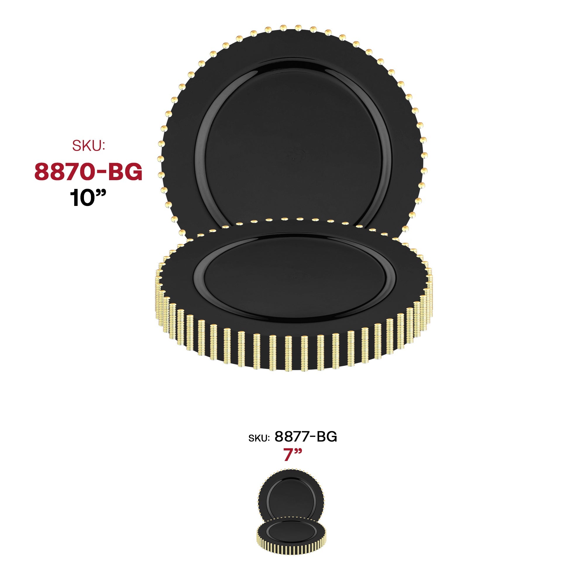 Black with Gold Pearl String Round Disposable Plastic Dinner Plates (10”)