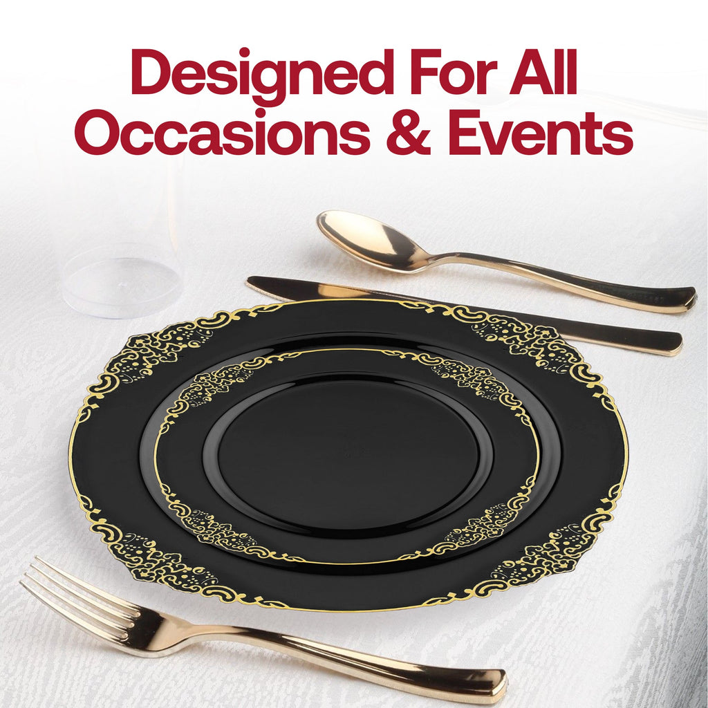 Black with Gold Fancy Round Disposable Plastic Dinner Plates (10.25”)