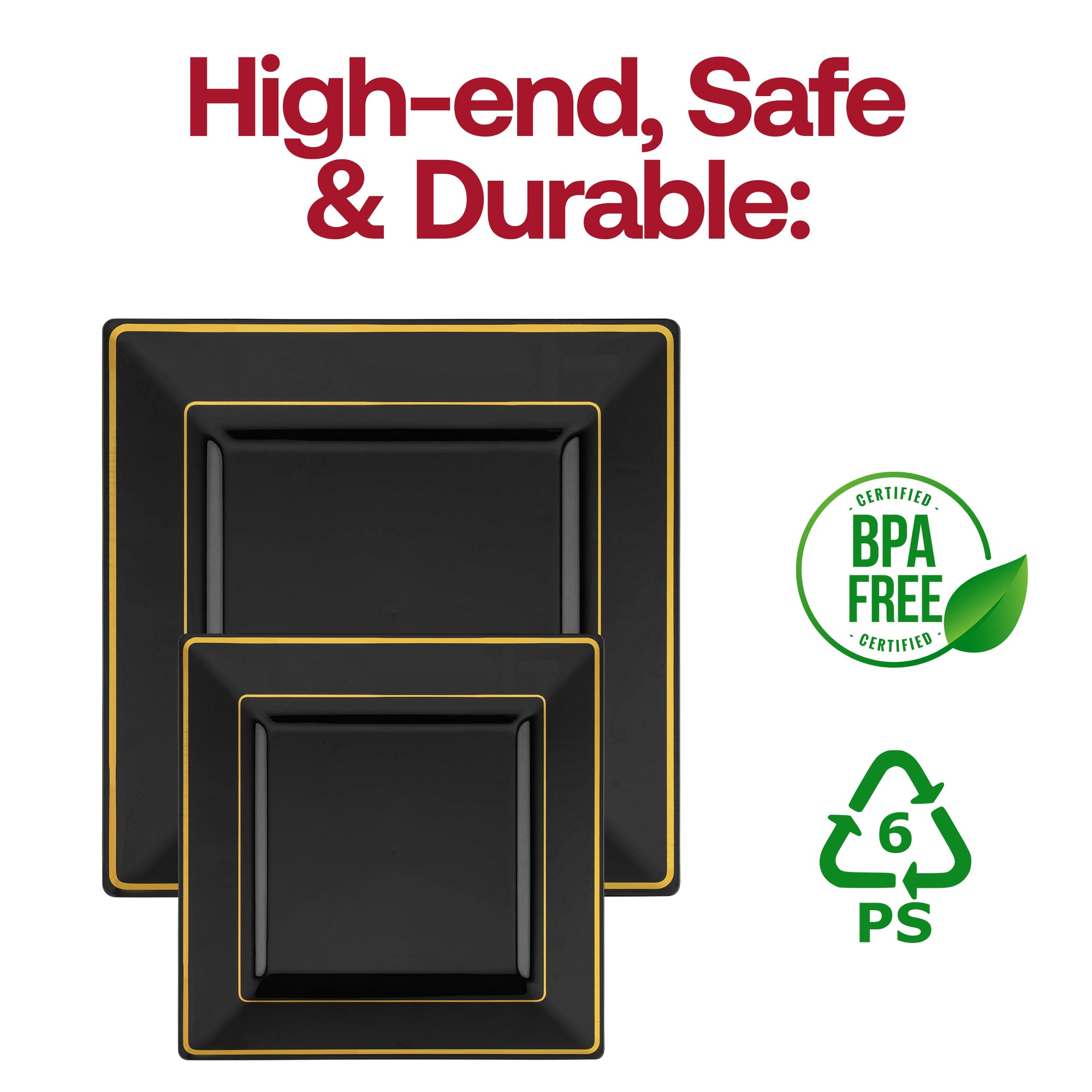 Black with Gold Square Edge Rim Plastic Appetizer/Salad Plates (6.5")
