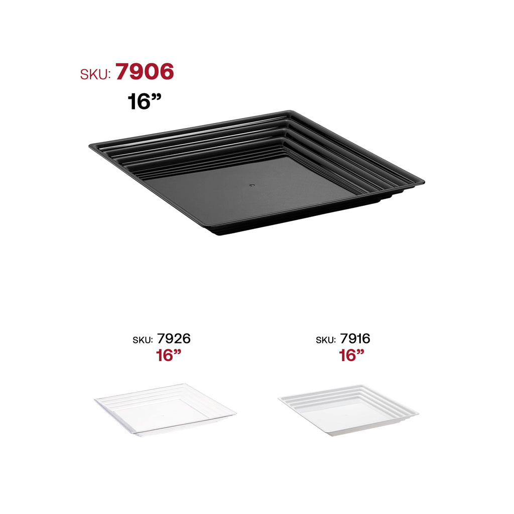 16" x 16" Black Square with Groove Rim Plastic Serving Trays