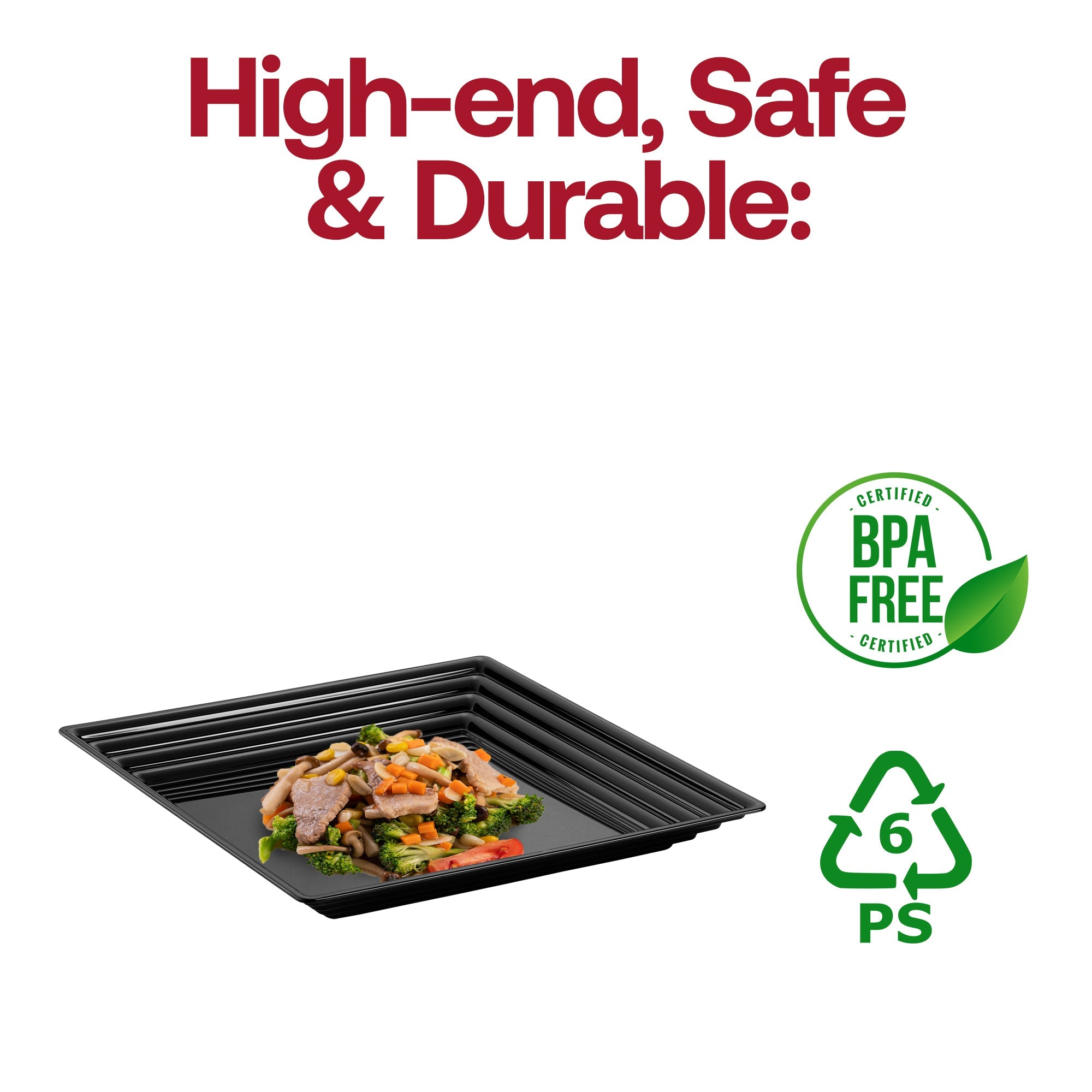 12" x 12" Black Square with Groove Rim Plastic Serving Trays