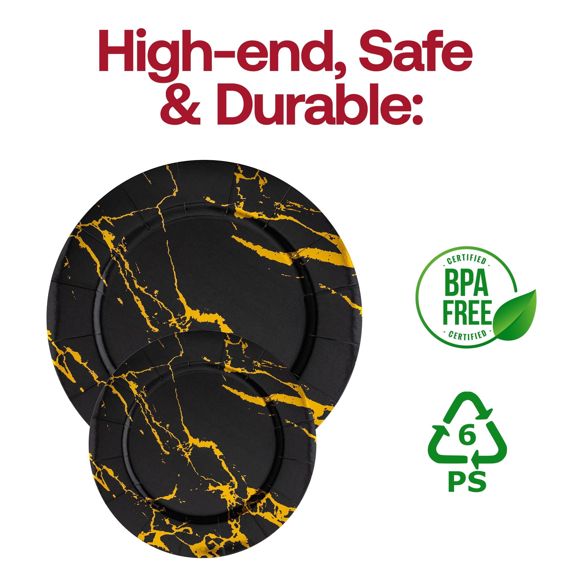 Black with Gold Marble Round Disposable Paper Charger Plates (13")
