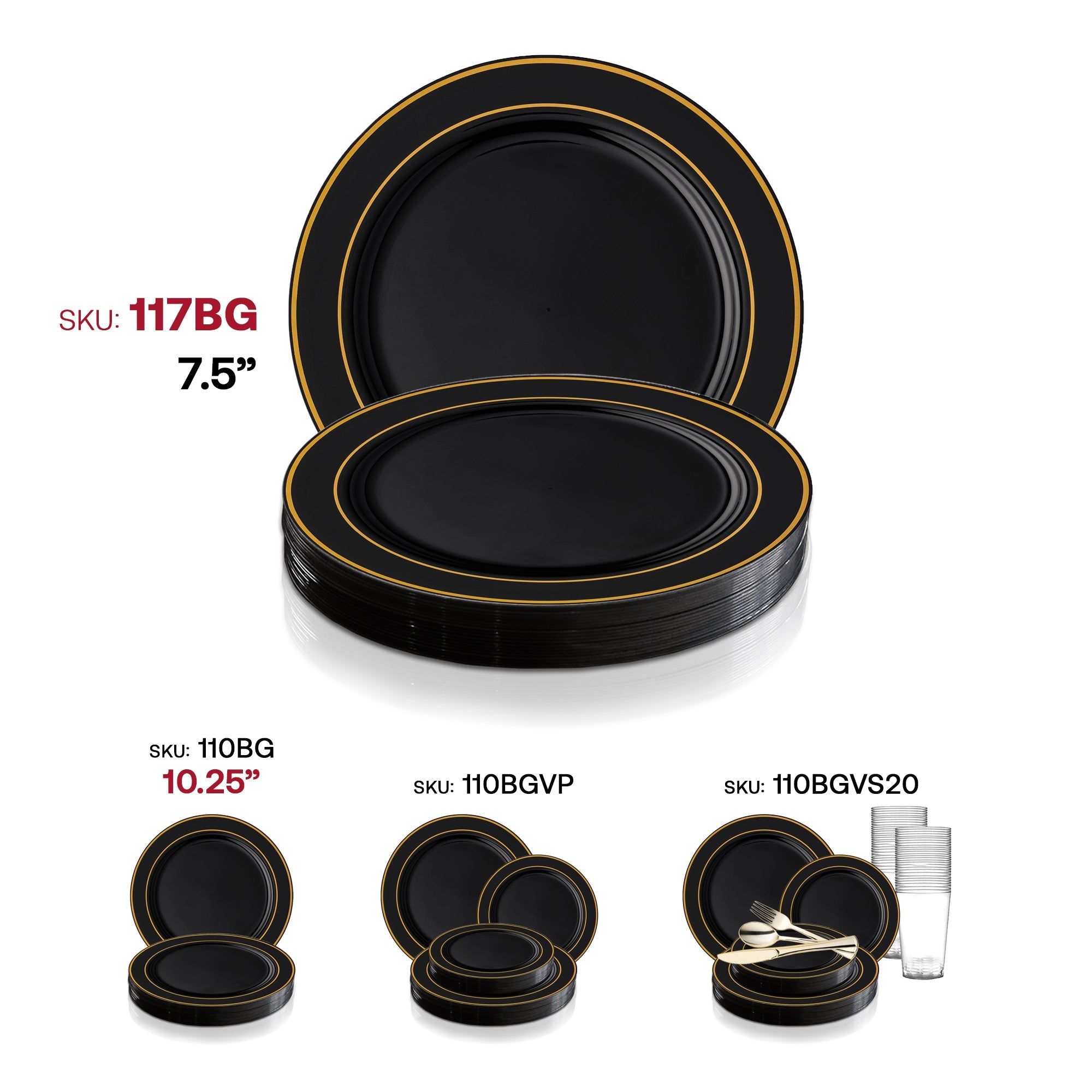 Black with Gold Edge Rim Plastic Appetizer/Salad Plates (7.5")