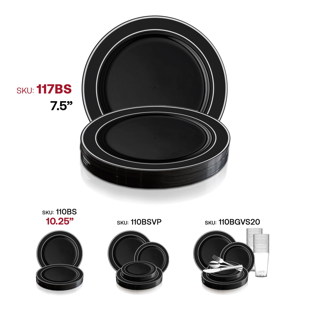 Black with Silver Edge Rim Plastic Appetizer/Salad Plates (7.5")
